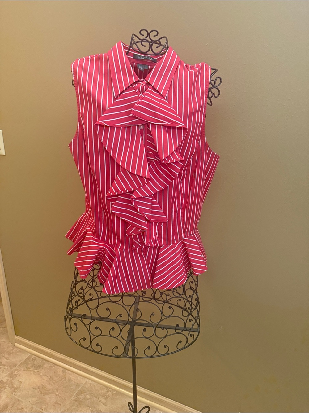 Lauren Ralph Lauren Red and White Striped Ruffle Peplum Blouse